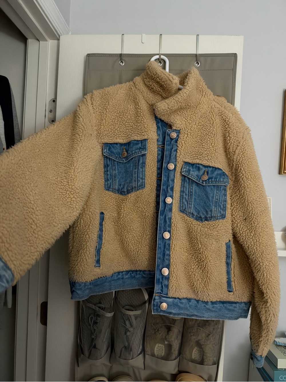 Forever 21 Tan Teddy Jacket with Blue Denim Trim